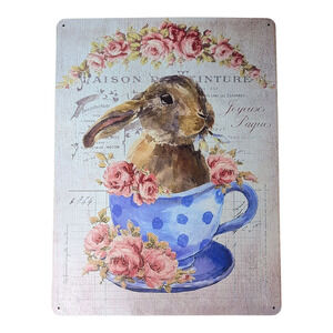 Easter Bunny Sign, Teacup with Roses Wall Art, French Country Easter deco 12x16